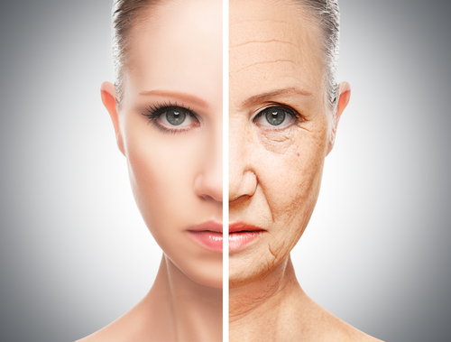 face of young woman and an old woman with wrinkles